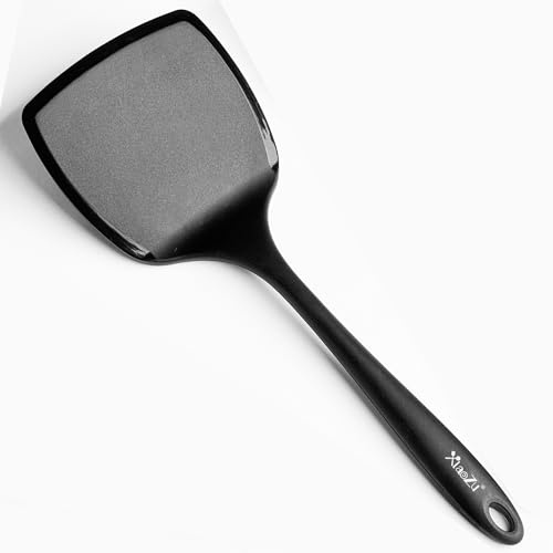 Silicone Pancake Spatula Turner with Lengthened Handle& Seamless Design, Heat Resistant Cooking Spatulas for Nonstick Cookware, Large Flexible Kitchen Utensils (Seamless-Style_ Black)