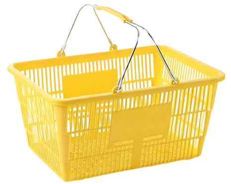 Ronyme Panier de Courses avec Poignée Métal, Panier Supermarché en Plastique Renforcé, Grande Capacité, pour Commerce, Épicerie et Rangement Maison, Rectangulaire, 42x30 cm, Jaune