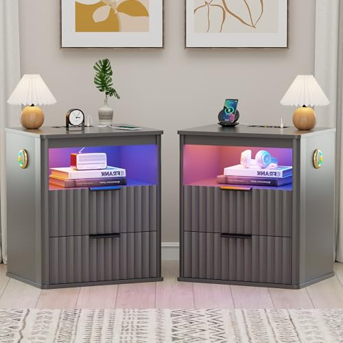 Gurexl Bluetooth Speaker Bedside Tables Set of 2 with RGB Lighting,Smart Nightstand with 3 in 1 Charging Station,Modern End Tables with Auto Sensor and Wireless Charging for Bedroom,Living room,Grey