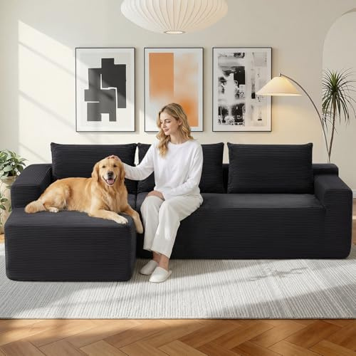 97 Cloud Sectional Couch, Modern Boneless Couch with L-Shape Chaise, Deep Seat Modular Sectional Sofa Corduroy Corner Foam Couches for Living Room,No Assembly Required(Black, Left Facing Chaise)