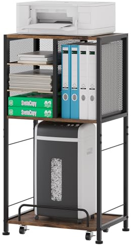 EasyPAG 4 compartimentos A4 metal madera soporte para impresora con carro extraíble móvil, estantería para fax,fotocopiadora,escáner,marrón