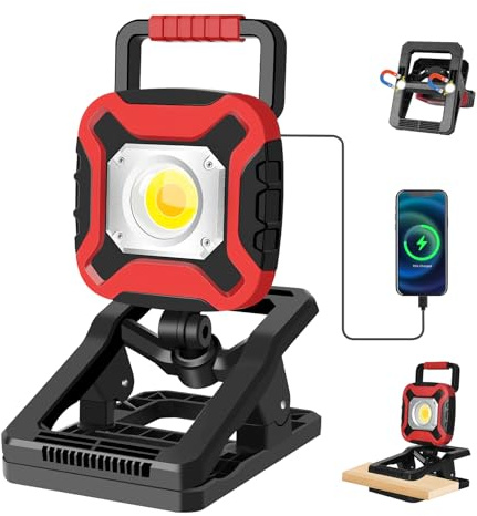 MASMEJOR Projecteur de Chantier LED Rechargeable 2100LM avec Pince & Aimant - 4000mAh, 4 Modes d'éclairage, Pivot 360°, Idéal pour Chantier, Atelier, Camping, Réparation et Urgence