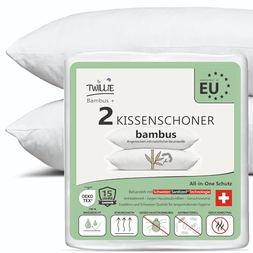 Twillie Protector Almohada 70 x 90 (Lote de 2) Bambú Impermeable, Cremallera y Antiacné – Algodón Natural, Tratamiento Suizo Sanitized® Antiácaros Antibacteriano – Hecho en UE