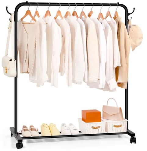 Relquorax Porte-vêtements sur roulettes, tringle à vêtements avec grille de rangement, porte-manteau en métal robuste pour vêtements, manteaux, noir, taille L
