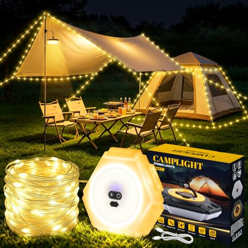 WUQNGI Guirlande Camping Rechargeable 10 m,Guirlande Lumineuse Enroulable Étanche avec 7 Modes d'Éclairage,Lumière Camping 2 en 1 avec Lanterne LED,USB-C Rechargeable pour Tente,Jardin,Randonnée