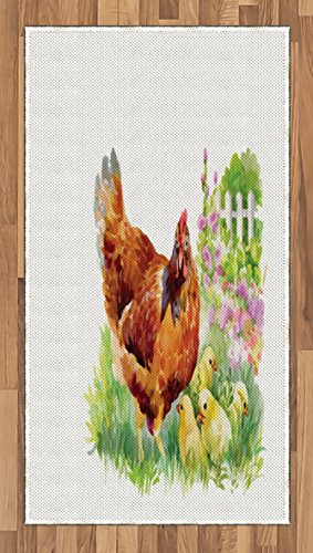 Lunarable Chicken Area Rug, Aquerelle Hen and Her Chicks on a Garden with White Fences and Pale Pink Flowers, Flat Woven Accent Rug for Living Room Bedroom Dining Room, 2' 6 x 5', Multicolor