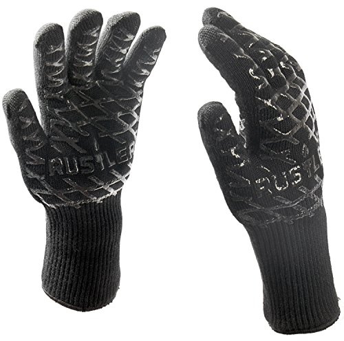 Rustler BBQ Grillhandschuhe Paar in schwarz, Ofenhandschuhe sind hitzebeständig bis zu 350°C, EN 407 zertifiziert, Schutzhandschuhe für Grill, Backofen, Grillbesteck, Kamin und Lagerfeuer