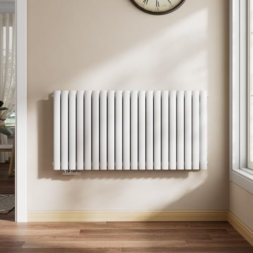 EMKE Oval Heizkörper 600x1180mm, Design Heizkörper Horizontal Doppellagig Röhrenheizkörper Seitenanschluss Weiß 1828W