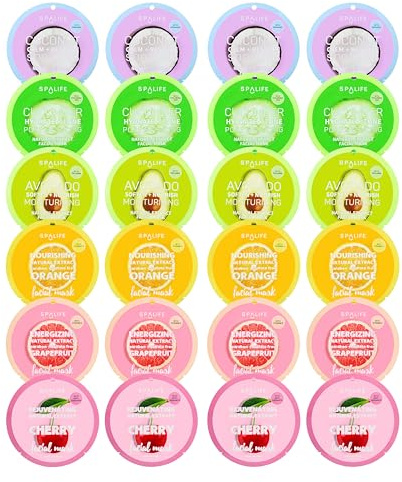 SpaLife Beauty Fruit Facial Sheet Masks 24 Pack – Face Masks Skincare Set – Hydrating Face Masks – 6 Natural Fruit Extract Formulas – Orange, Grapefruit, Coconut, Cherry, Avocado, Cucumber