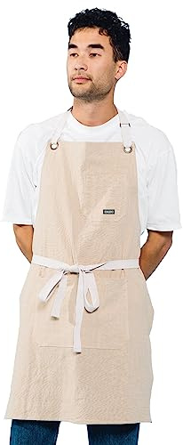 Caldo Linen Kitchen Apron for Cooking- Mens and Womens Linen Bib Apron for Professional Chef, Server, or Barista- Adjustable with Pockets (Bone)