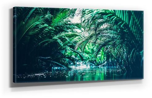 BilderKing Traumhaftes Leinwandbild Wald, Motiv Tropisch grün. Es ist 120x60cm groß und ist fertig aufgespannt auf Holzrahmen. Ein XXL Wandbild als Hintergrund und Deko für Wohnzimmer & Schlafzimmer