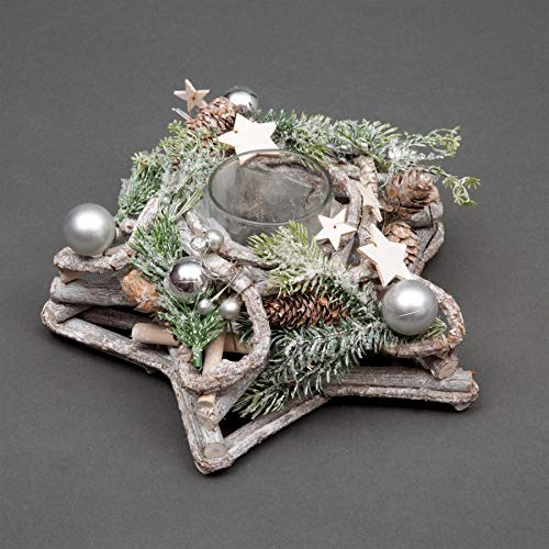 SHATCHI Kerzenhalter aus Holz, Sternform, Tischdekoration, Weihnachten, Feiertag, Zuhause, verziert mit roten/silbernen Kugeln, Beeren und Kegeln (34 cm/24 cm), Holz, 24 x 24 x 11 cm