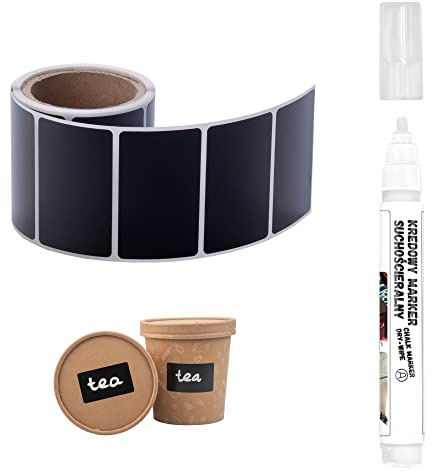 MD Labels Tafeletiketten 50x30mm 100 Stück- Schwarze Selbstklebefolie- Aufkleber zum beschriften- für Gläser, für Gewürze, für Geschenke- selbstklebende etiketten + weißer Kreidemarker