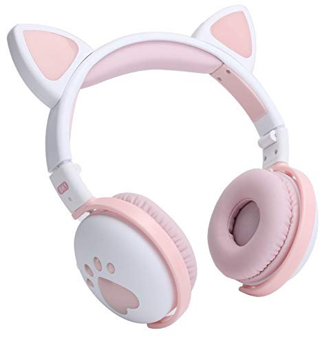 Goshyda Casque d'oreille de Chat, Portatif HiFi Confortable Portant des Casques Pliables sans Fil Bluetooth Lumineux avec Lumière LED, pour Les Sports de Plein Air(Lait en Poudre Blanc)