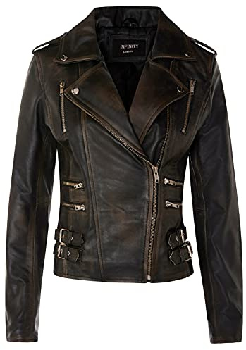 Chaqueta Motera Frotar Negro Retro 100% Cuero Napa Para Mujer XL