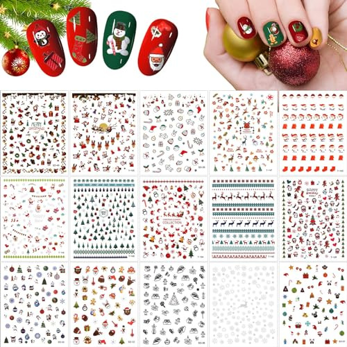 Kalolary 15 Blatt Weihnachten Nagelsticker Abziehbilder, Nagel Sticker Abziehbilder Selbstklebend Schneeflocken Elch Schneemann Nail Art Tipp 3D Tattoo Design für Weihnachten Nagel Dekoration