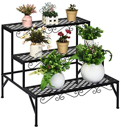 COSTWAY Présentoir pour Plantes 3 Niveaux, Étagère en Métal pour Plantes avec Forme en Rectangle, Design Ajouré et Pieds Antidérapants, Charge Max 45KG, pour Jardin/Terrasse/Balcon (70 x 60 x 60,5 cm)