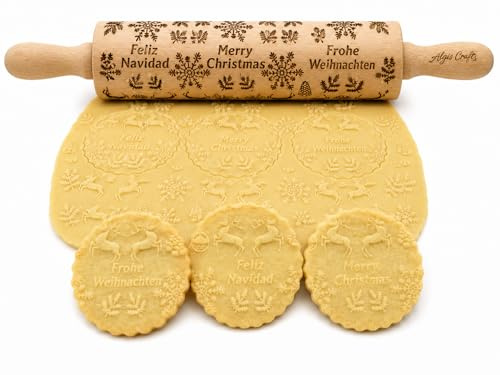 FROHE WEIHNACHTEN Nudelholz mit Muster Weihnachten Backen - Teigroller Holz für DIY Weihnachten Plätzchen und Keramik - Graviert Plätzchenrolle mit Motiv - 3D Plätzchen Roller von Algis Crafts