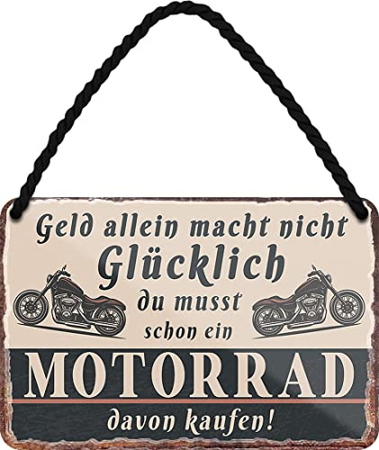 WOGEKA ART Retro Blechschild - Geld allein macht nicht glücklich, musst Motorrad kaufen - lustiger Spruch als Geschenkidee für Biker zu Geburtstag Weihnachten 18x12 cm Vintage Hängeschild HS1078