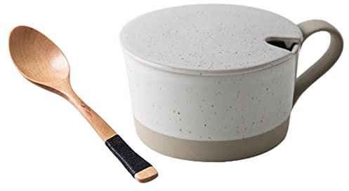 Tazones de sopa, taza de sopa de cerámica con tapa y asa, tazón de desayuno pequeño con cuchara, postre, taza de sopa de cerámica colorida apta for microondas.-amarillo-450ml ( Color : Wit , Size : 45