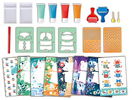 Hape Coffret Artistique Peintures à l'Éponge - Enfants de 3 Ans et Plus - pour Motricité Fine, Créativité - 4 Tubes Peinture, 5 Pochoirs A4, 2 Rouleaux Peinture Inclus - Activité Manuelle Coloriage