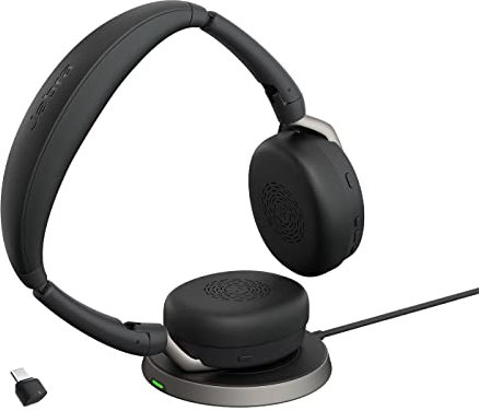 Jabra Evolve2 65 Flex - Stereo Headset with Bluetooth, Wireless Charging Pad, Noise-cancelling Jabra ClearVoice Technology and Hybrid ANC - Works with all leading UC Platforms - Black