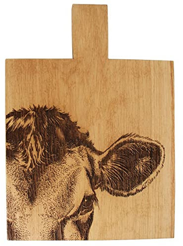 440s Selbrae House Schneidebrett mit Griff aus Eichen-Holz lasergraviert mit Jersery-Kuh Motiv ca 35cm L Servier-Platte aus Echt-Holz zum Schneiden und Anrichten für Fleisch, Wurst & Käse