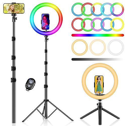 PEYOU 12 Selfie Ring Light with Tripod Stand & Phone Holder Tall 186cm/73, 【Desk Ring Light】 48 RGB Colors, Upgrade 3 in 1 Dimmable Adjustable Speed Ringlight for Tiktok, Makeup, Selfie Photography