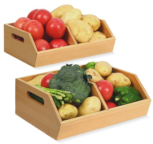 Ollieroo Stapelbarer Bambus-Aufbewahrungsbehälter, Speisekammer-Organizer und Aufbewahrungskörbe, Kartoffel- und Zwiebel-Küchen-Organizer, Küchenaufbewahrungsbehälter für Produkte, Obst, Brot, Gemüse,