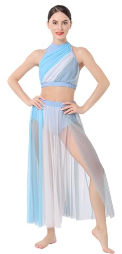 FYMNSI Damen Lyrisch Tanzkleid Ballettkleid Ärmellos Farbblock Crop Top Mit Rock 2tlg Tanz Outfit Tüll Langes Trikotkleid Maxikleid Modern Contemporary Tanzkostüme Turnanzug Bühnenanzug Blau S