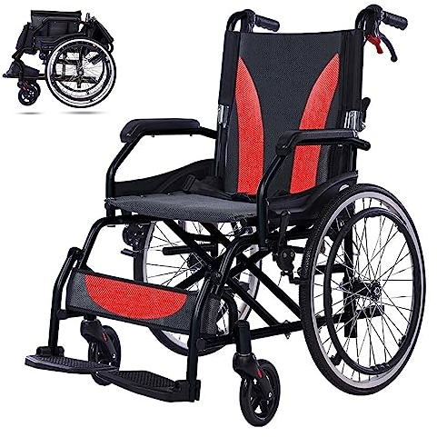 GHBXJX Rollstuhl Faltbar Leicht Reiserollstuhl, Rollstühle mit Zwei Bremssysteme, Rollstuhl für die Wohnung und Ferien, Aluminium, Ultraleicht, Garantie 24 Monate,50cm Large Wheel