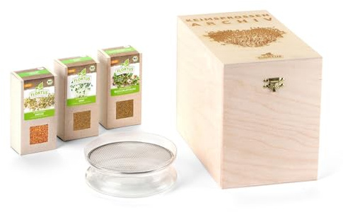 FLORTUS BIO Keimsprossen Archiv Geschenkbox Lieblingssprossen - inkl. 3 Sprossen Sorten & Keimschale aus Glas | Kresse, Senf & Rucola | Geschenkset mit Keimgerät, Microgreens & Sprossen Samen