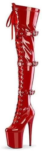 denova's Stivali da Donna con Tacco Molto Alto da 20 cm, con Laccetti, Piattaforma, per Pole Dance, sopra il Ginocchio, con Cerniera, Rosso, 37 EU