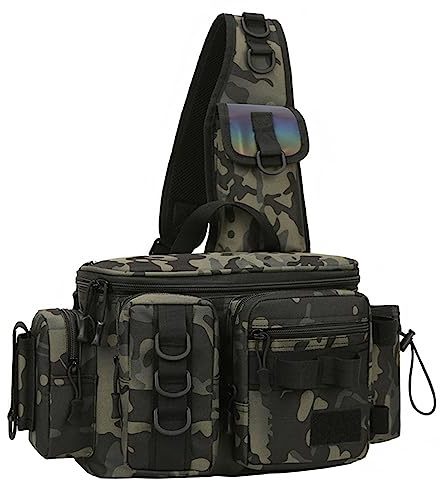 Mehrzweck Angeln Tasche mit Rutenhalter, Angeltasche Umhängetasche Angelrucksack für Angelrolle Köder Gerät, Tarnfarbe/Einfarbig