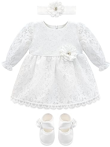 Lilax Abito da Bambina in Pizzo con Ricamo Floreale e Scarpe abbinate, per Battesimo, Bianco, 0-3 Months