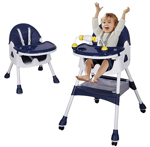 Chaise Haute Bébé Évolutive, Chaise de Nourriture Bebe Pliable, pour Bébé Ergonomique, Confortable, Inclinable, Pliable, avec Hauteur Réglable, Repose-Pieds, Plateau Amovible, 6 Mois - 3 Ans, Bleu