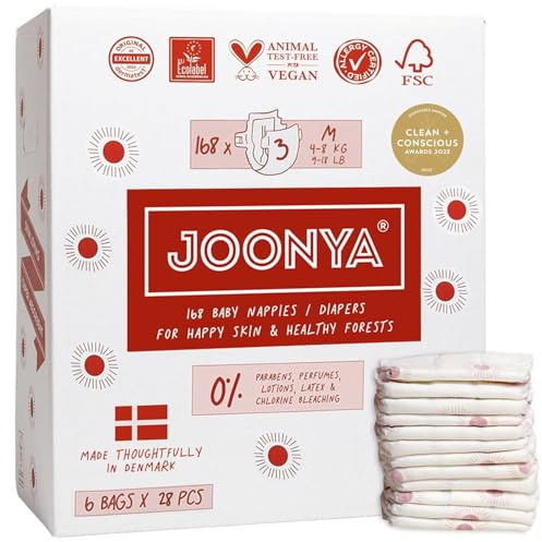 Joonya Pannolini per bambini (4-8 kg), atossici, ecologici, ultra sottili, per uso notturno, prodotti in Danimarca, confezione da 6 (28 pannolini)