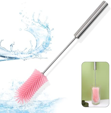 1 brosse à bouteille rose - En silicone - Long manche - Longueur : 37 cm - Fonction rotative pour un nettoyage en profondeur - Bouteille d'eau, verre et bouteille de lait