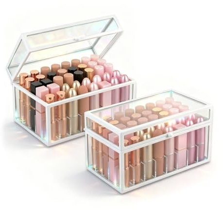 Krdrgey 40 Lipsticks Organizer with Lid, Glass Display Box Fits Large Perfume & Skincare, Easy-Access Organiser for Vanity Countertop, Multifunctional Display Box in Any Rooms