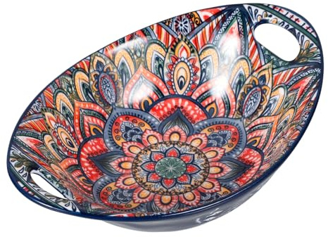 ABOOFAN Saladier Bol en Céramique 23 Cm à Double Anse Bleu Imprimé Floral Bol Multifonctionnel Alimentaire pour Maison Restaurant Bar