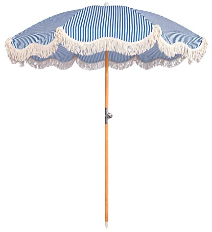 Mansader Parasol de plage bohème de 2 m avec frange, parasol à franges UPF 50+ avec sac de transport, parasol pliant de luxe en bois pour jardin, pelouse, piscine, cour, table extérieure - Bleu