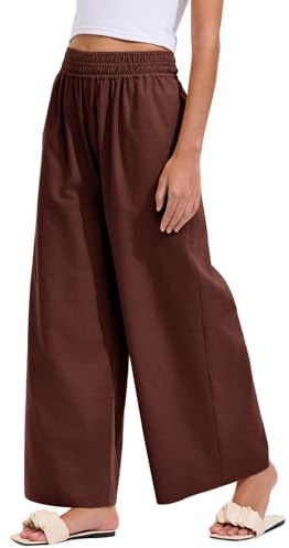 Les umes Pantalon Lin Femme Large Haute Taille Cheville Taille Élastique Ample Été Décontracté Marron S
