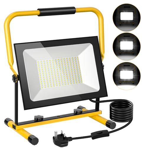 Ankishi 200W Work Light,Portable Floodlight Adjustable Brightness,20000LM LED Work Light Mains Powered,6500K Job Site Lighting IP66 with Plug,9.8ft Cord and Switch for Construction Garage Workshop