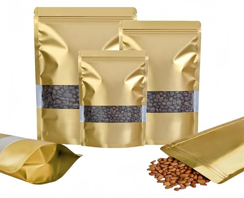 Rimiko 100 Pcs Sachets Alimentaires Debout avec Fenêtre Transparente, Sachet Zip Refermable Aluminium Stand up, Sac Pochette Mylar pour Conservation des Aliments (Doré,16x24cm)