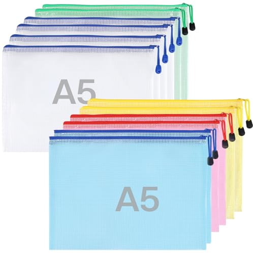 12 Stück Wasserdichte Dokumententasche A5 - Zanfqvo Dokumentenmappe A5 Mesh Kunststoff - Beutel mit Reißverschluss und Etiketten - für Datei, Papier, Reise, Schminktasche (5 Farben)