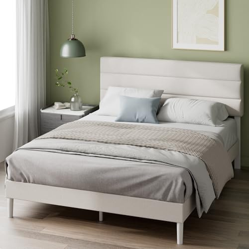 Zinus Piper Upholstered Platform Bed, 160 x 200 cm, Horizontal Paneled Headboard, Wooden Slat Support, Easy Assembly, Off White