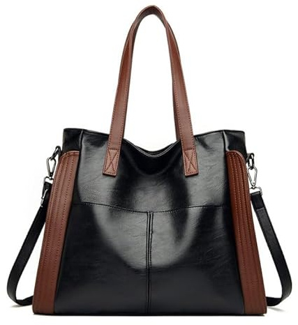 Yaldomt Groß Damen leder handtasche: schwarz shopper tasche mit Beutel für iPad, Bücher, Handy - Schulter Satchel arbeitstasche mit verstellbarem Trageriemen für Mädchen (Schwarz)