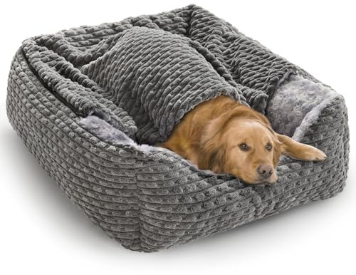 Heymamba Extra Large Dog Bed Rectangle Large Pet Beds Grey, Hooded Pet Cave Bed with Designed for Wheat Grain, Soft Rose Fluff XL Dog Cave With Nonskid Bottom, 90x65x23cm