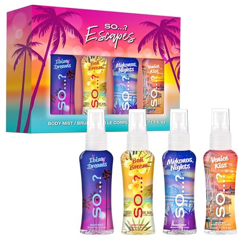 So...? Summer Escapes Mini Body Mist for Women, Fragrance Gift Set (4 x 50ml) – Ibiza Dreams, Bali Breeze, Mykonos Nights, Venice Kiss – Vegan & Cruelty-Free, Recyclable Bottle