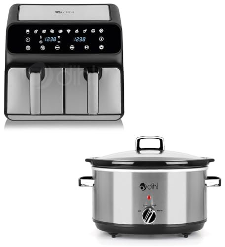 Dihl Kitchen Appliance Set, Family Pack, Includes 1700W 8 Litre Dual Air Fryer and 300W 6.5 Litre Electric Slow Cooker with 3 Temperature Settings